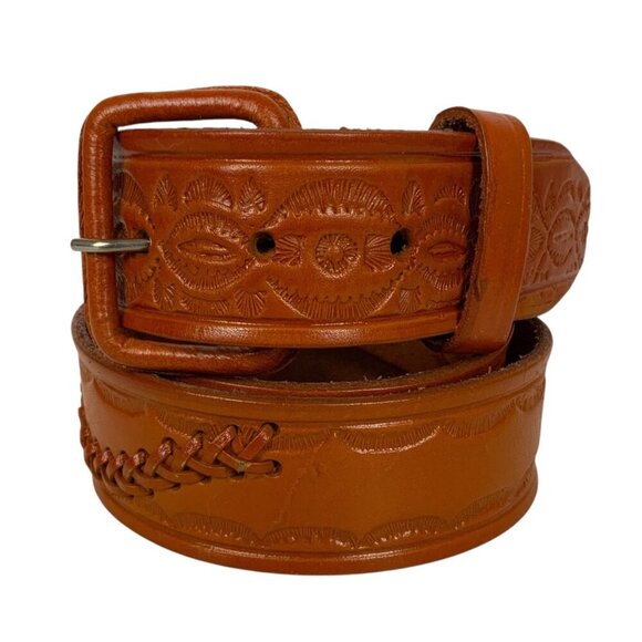 Tooled Leather Belt With Braided Detail & Embossed Design Size 36 Made in Mexico - Picture 1 of 6